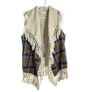 Entro Womens Oversized Vest Sherpa Lined Open Front Blue Tan Plaid Fringe Small
